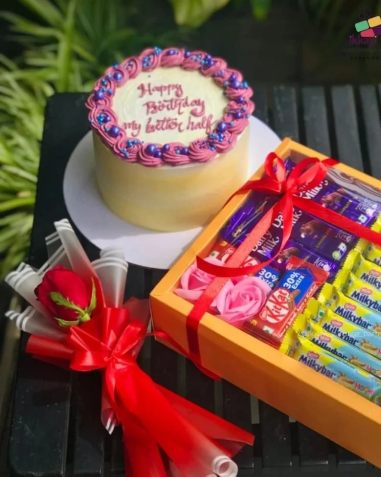 Birthday cake 'My Better Half,' chocolate gift box with Milkibar, and a single red rose bouquet.