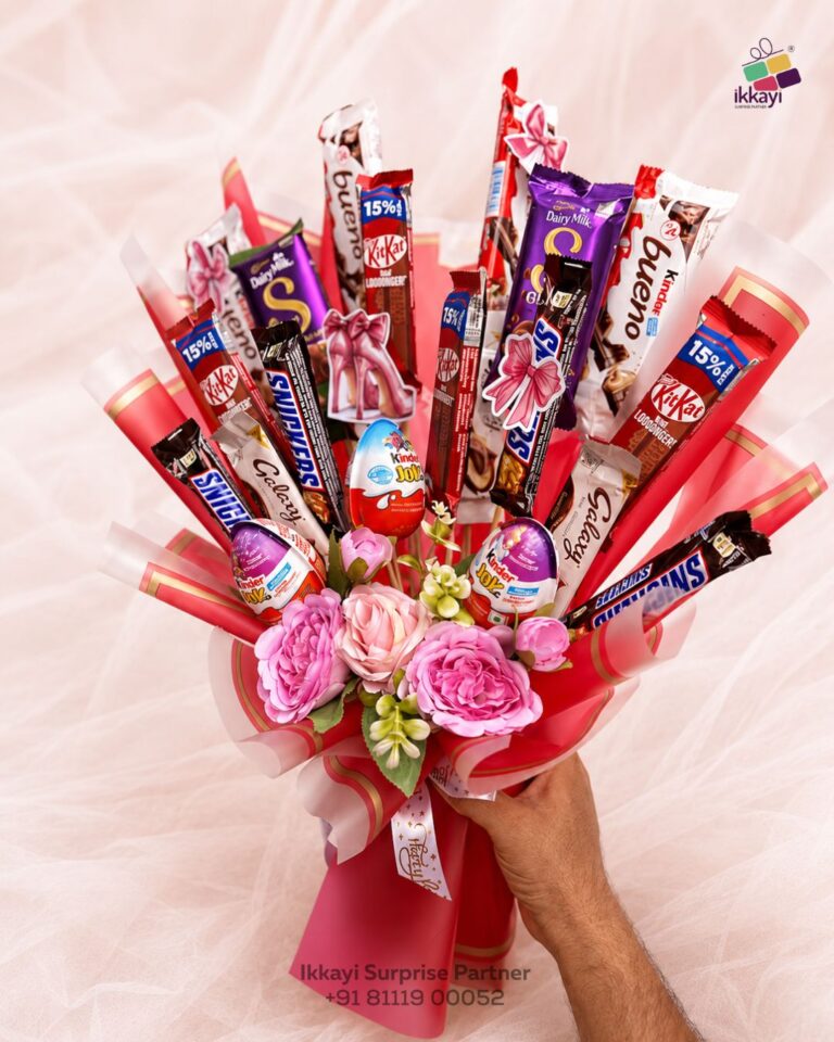 Surprise your loved ones with our beautifully handcrafted Premium Chocolate Bouquet featuring KitKat, Kinder Bueno, Dairy Milk, Snickers, Kinder Joy, and decorative flowers. Designed for birthdays, anniversaries, romantic surprises, and every special occasion. Ikkayi Surprise Partner offers premium surprise gift delivery across Kerala, India, and internationally.