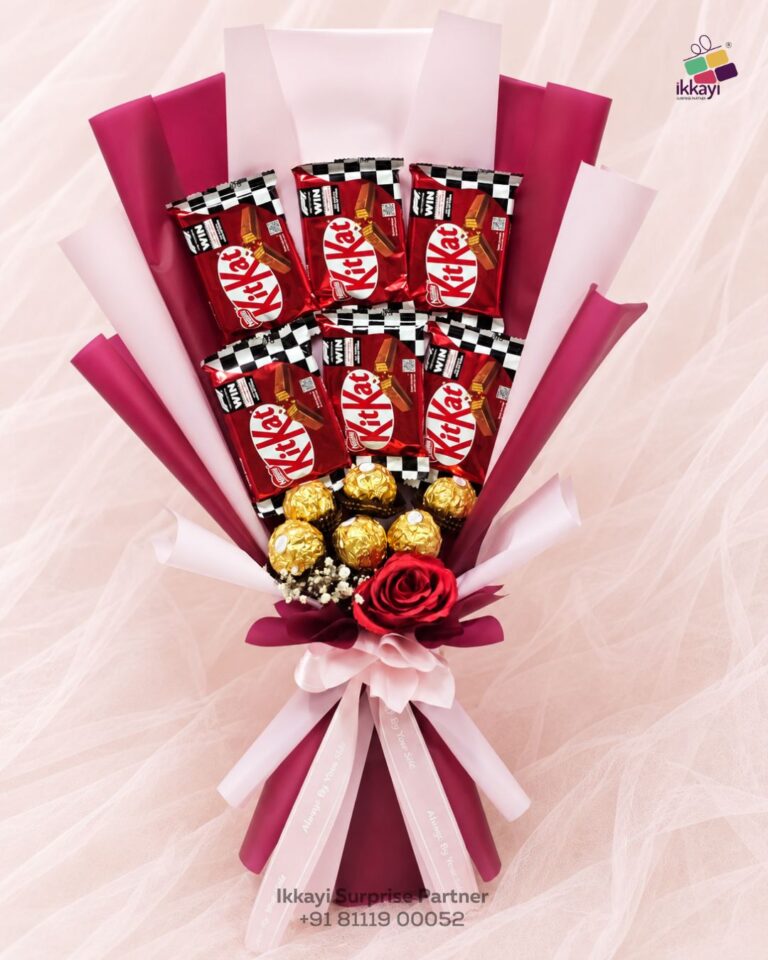 Premium KitKat & Ferrero Chocolate Bouquet – A luxurious chocolate gift with KitKat, Ferrero Rocher, and a beautiful red rose. Perfect for birthdays, anniversaries, Valentine's Day, and romantic surprises.